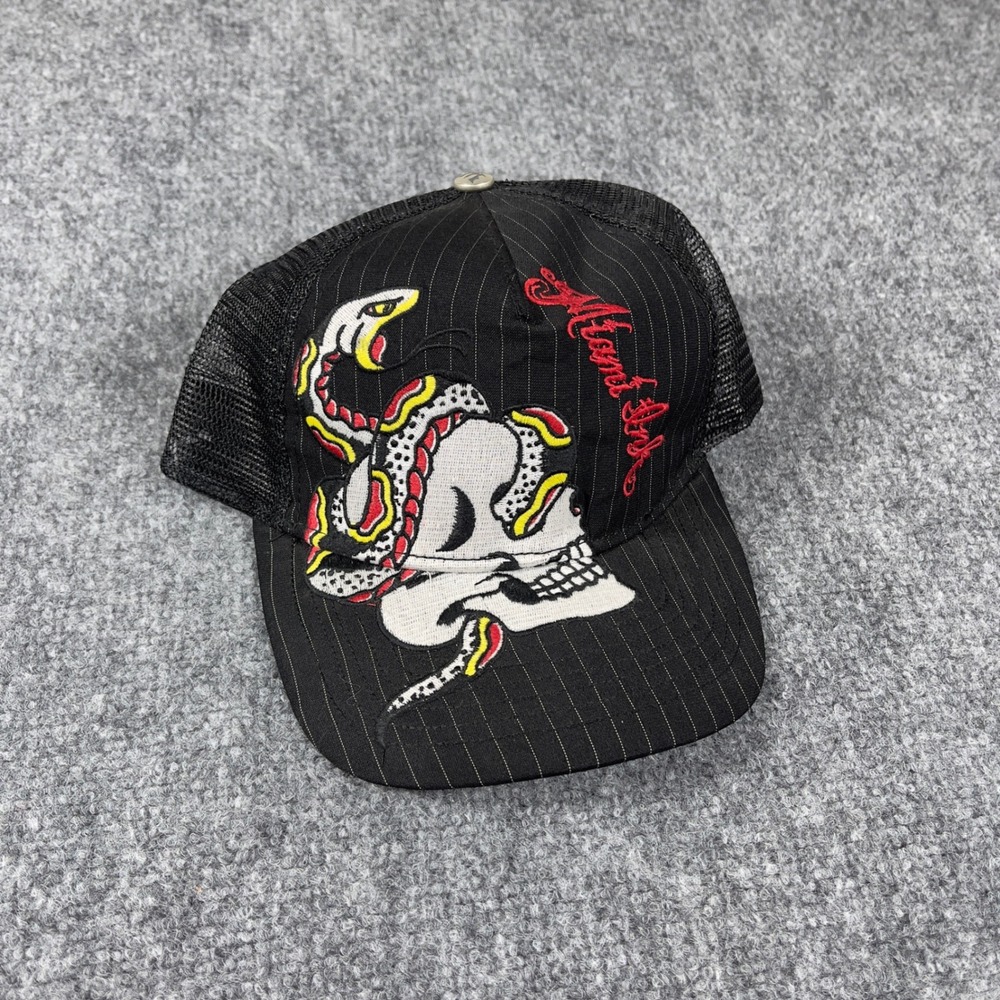 Miami Ink Trucker Hat Mens OSFA Black Skull Snake Pinstripe Snapback Ed Hardy